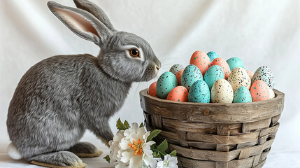 Easter bunny sniffs colorful speckled eggs in basket. Festive design element for spring, holiday, marketing, greeting cards, and web.