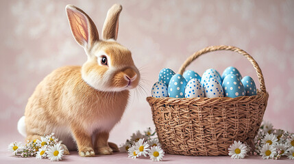 Easter Bunny Sits by Basket of Polka Dot Eggs. Holiday concept for marketing, design, web use.