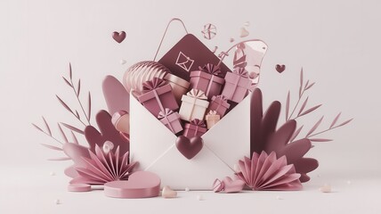 Delicate pastel gifts overflow from an envelope in a romantic 3D composition