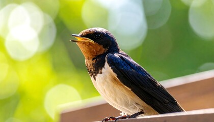 Close-up portrait of a barn swallow singing perched against a blurred background in nature