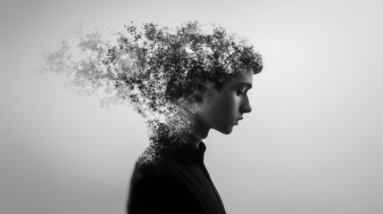 A dramatic conceptual portrait of a young person's head dissolving into a swirling cloud of particles, symbolizing mental health struggles.