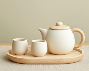 Handcrafted wooden tea set with tiny cups, soft neutral tones, and a cozy storytelling aesthetic
