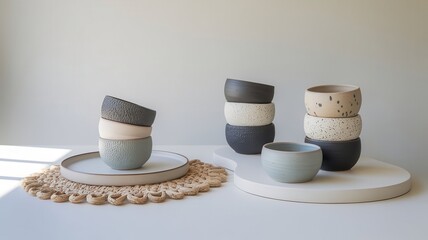 Artisan ceramic bowls with neutral tones offer elegant home decor concept