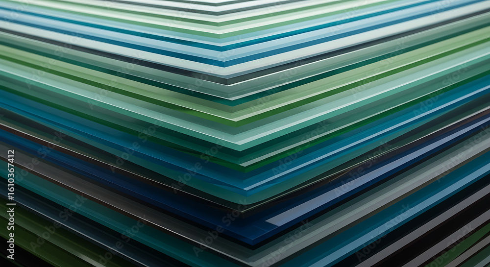 Poster abstract layers of teal green and blue sheets creating a chevron pattern in a close up view