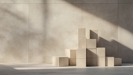 A 3D render of a minimalist beige-tiled wall featuring a modern arrangement of stacked rectangular boxes of various sizes and geometric shapes,