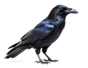 A large black bird, likely a raven, is shown in profile against a white background
