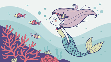 Cute mermaid swimming underwater with fish and coral reef vector illustration for kids and children design