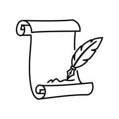 Ancient Scroll with Quill Pen Vector Icon, Old Document, Historical Writing