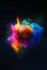 Vibrant basketball emerging from a colorful explosion of paint, showcasing dynamic motion and energy