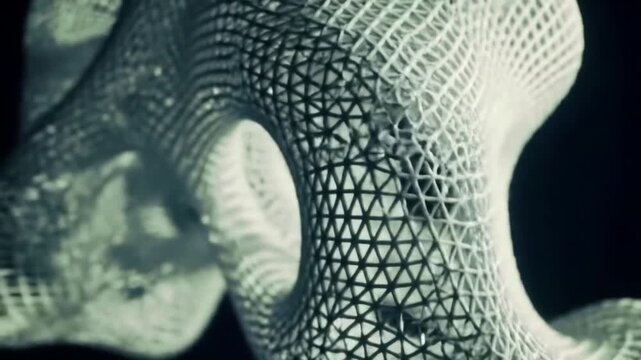 Abstract visualization of a complex parametric structure. A futuristic 3D rendering of an organic form with a white geometric lattice.