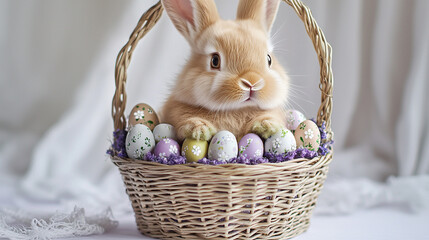 Easter Bunny Sits in Basket. Happy Easter, festive, cute, spring. Use for marketing, web, cards, seasonal design, editorial.