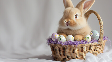 Bunny Peeks Out of Easter Basket. Rabbit sits among decorated eggs. Use for holiday cards, web design, Easter promotion, or marketing campaigns.