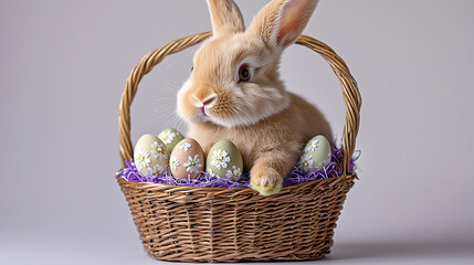 Bunny sits in Easter basket with painted eggs, ideal for spring marketing, greeting cards, web design.