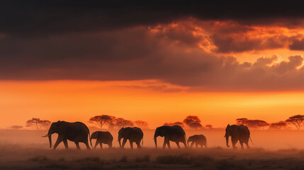 Elephant sunset savanna silhouette wildlife herd dust dramatic landscape Africa