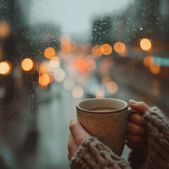 Hands holding ceramic mug, cozy sweater, rainy window, blurred city lights, warm atmosphere