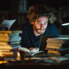 Young man curly hair studying laptop books night focused library