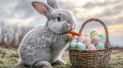 Bunny eats carrot near Easter basket. Cute rabbit, spring, eggs, happy, celebration, holiday. Marketing, design, web use.