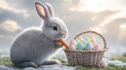 Easter bunny eats carrot next to basket of pastel eggs. Festive, whimsical, spring, celebration, easter card, marketing, graphic design.
