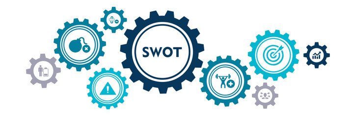 SWOT banner web icon vector illustration concept for strengths, weaknesses, threats and opportunities analysis with an icon of value, goal, break chain, low battery, growth, check, minus, and crisis 