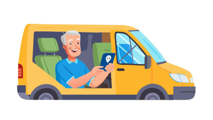 Senior man using ride sharing app in yellow van for transportation and travel needs booking a ride online