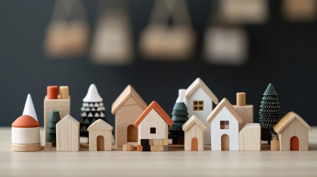 Creative wooden housebuilding blocks with cozy architectural details and handcrafted charm