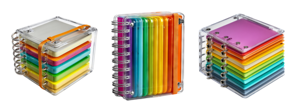 Colorful Stack of Transparent Notebooks for Creative Organization