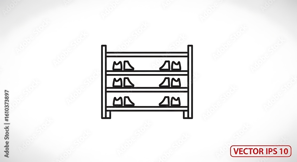 Poster a simple line drawing of a three tier shoe rack with shoes on each shelf on a white background