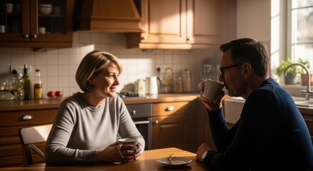 Couple enjoying coffee together in a bright kitchen setting