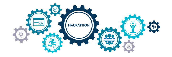 Illustration of hackathon displaying its key steps: brainstorm, development, programming, timing, teamwork, goal icons and text