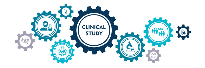 CLINICAL STUDY banner web icon vector illustration concept for clinical trial research with an icon of researcher, trial, test person, comparison group, analysis, effectivity, and safeness 