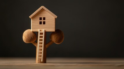 Handcrafted wooden treehouse toy with tiny ladders, soft wooden textures, and a cozy storytelling feel