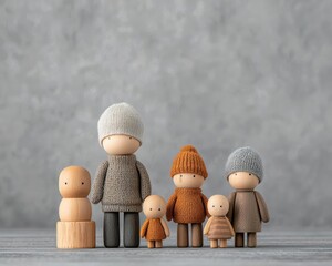 Wooden peg doll family with cozy handpainted faces, natural wood grain, and a charming rustic feel
