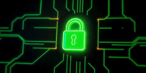Vibrant colored technology is represented by a 3D rendered green neon light lock icon, isolated on a black background