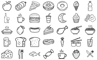 Delicious Food and Drink Outline Icons Set - Culinary Vector Collection