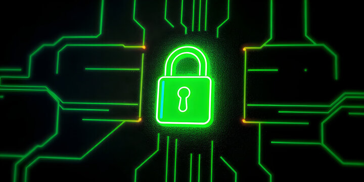 Vibrant colored technology is represented by a 3D rendered green neon light lock icon, isolated on a black background