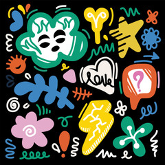 Colorful doodles with abstract flowers, leaves, arrow and heart. doodle design element with Colorful Sparkles Abstract Background.