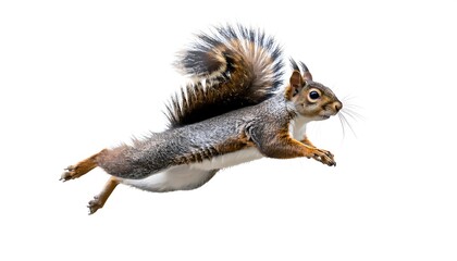 A squirrel in mid-air, legs extended, tail fully fanned out
