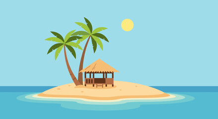 Obraz premium Tropical Island Paradise with Palm Trees and Gazebo under the Sun on a Clear Blue Day