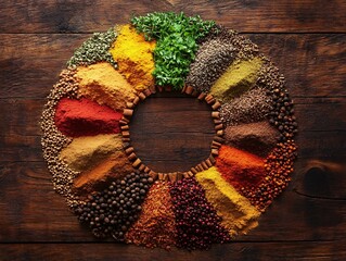 Spices for cooking, both granulated and powdered, are beautifully piled up on a wooden floor.
