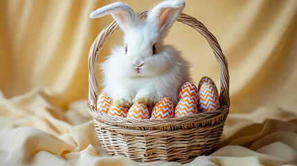 Bunny sits in basket with Easter eggs. Perfect for cards, ads, web design.