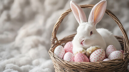 White Easter Bunny Sits in Basket with Eggs. Ideal for holiday marketing, web designs, print.