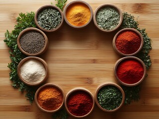 Colorful spice powders in small bowl, arranged in a circle, with spices placed around them
