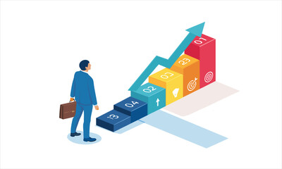 Businessman looks up at a colorful growth chart with an upward-trending arrow