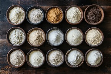 Different types of flour in small bowls on a dark wooden floor