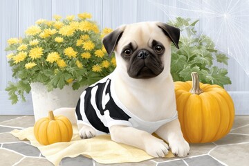 Adorable Pug Puppy in Halloween Costume Posing with Pumpkins and Yellow Flowers