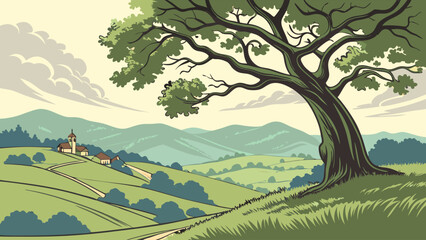 Naklejka premium Serene Vintage Illustration Rolling Hills Landscape Oak Tree Village Scenic Artwork Pastoral Countryside Art Print