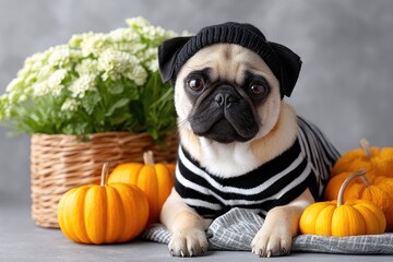 Adorable Pug Puppy in Knit Hat Posing with Autumn Pumpkins and Flowers