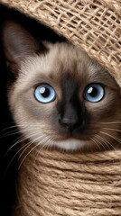 Adorable Siamese Cat with Striking Blue Eyes Peeking from Brown Jute Yarn A captivating close up portrait