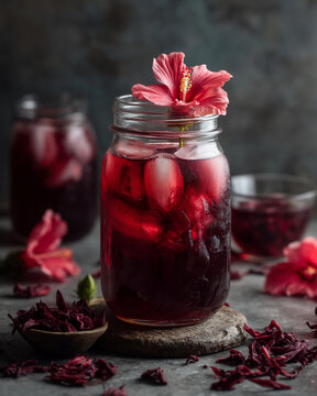 Close up of a mason jar filled with a red drink and ice cubes topped with a hibiscus flower