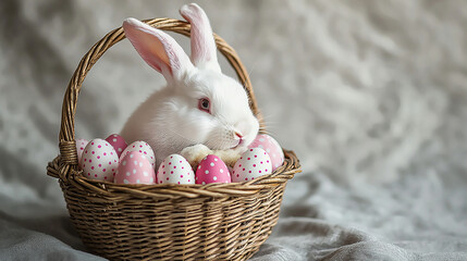 White bunny sits in basket with Easter eggs. Use for marketing, web design, holiday themes.
